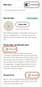 Công tắc Công khai và Chỉ BĐH ở từng mục