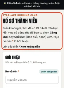 Đầu form hồ sơ thành viên: nhập Họ và tên