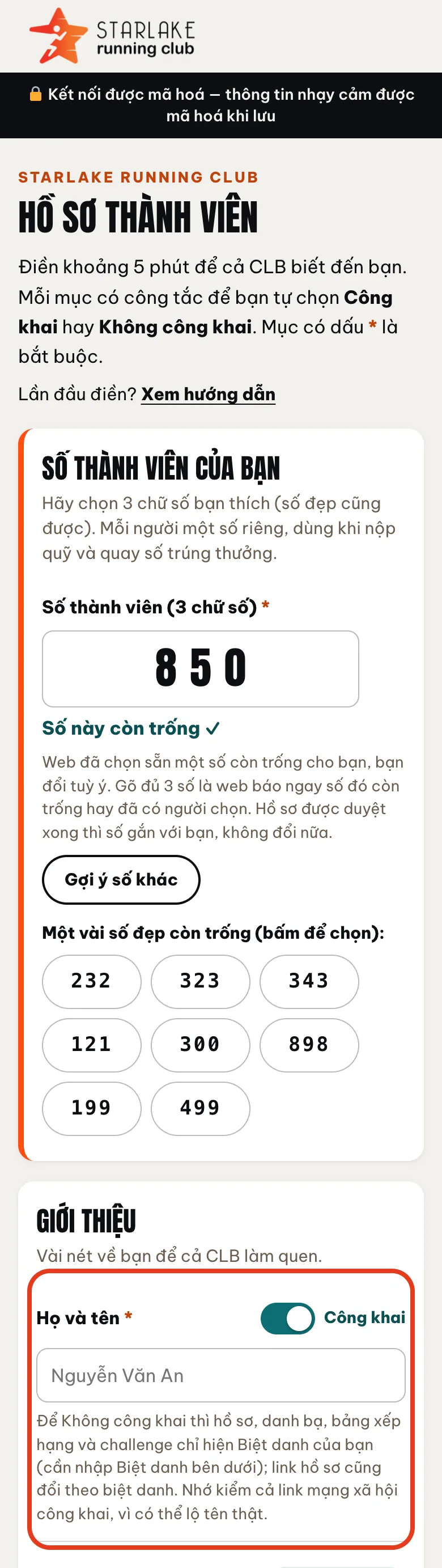 Đầu form hồ sơ thành viên: chọn số thành viên, nhập Họ và tên