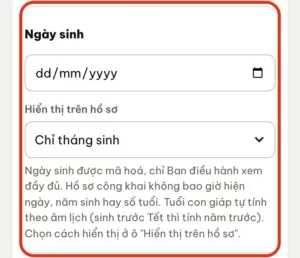 Ô ngày sinh và cách hiển thị trên hồ sơ