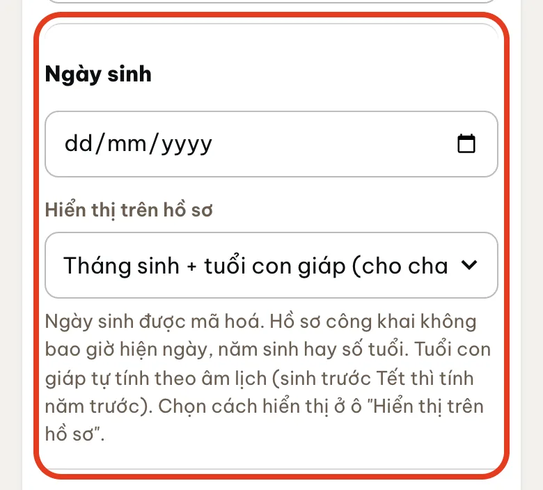 Ô ngày sinh và cách hiển thị trên hồ sơ