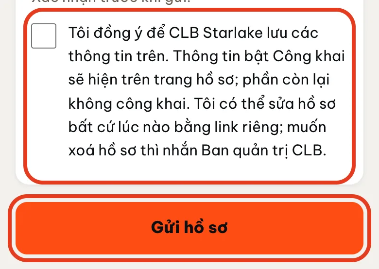 Ô đồng ý và nút Gửi hồ sơ